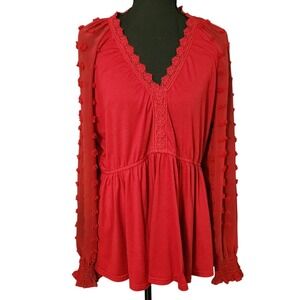 Missky Womens Raglan Red Lace Trim Swiss Dot Boho Sheer Sleeve Peplum Blouse XL